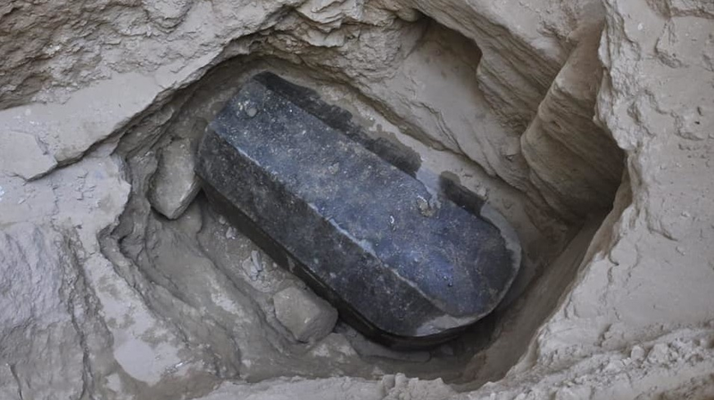 The granite coffin after it was discovered.